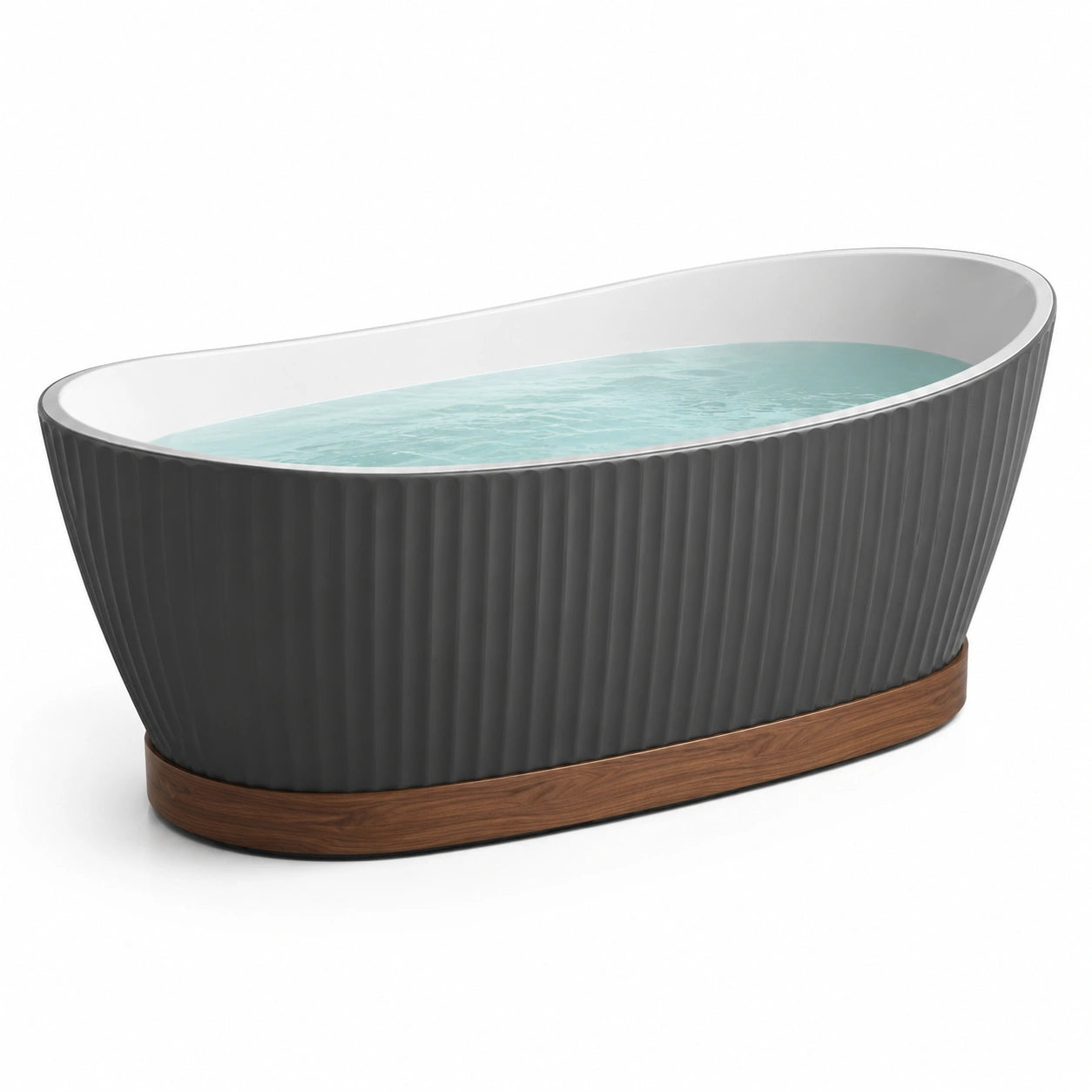 Baignoire îlot en acrylique gris foncé/blanc avec base en bois