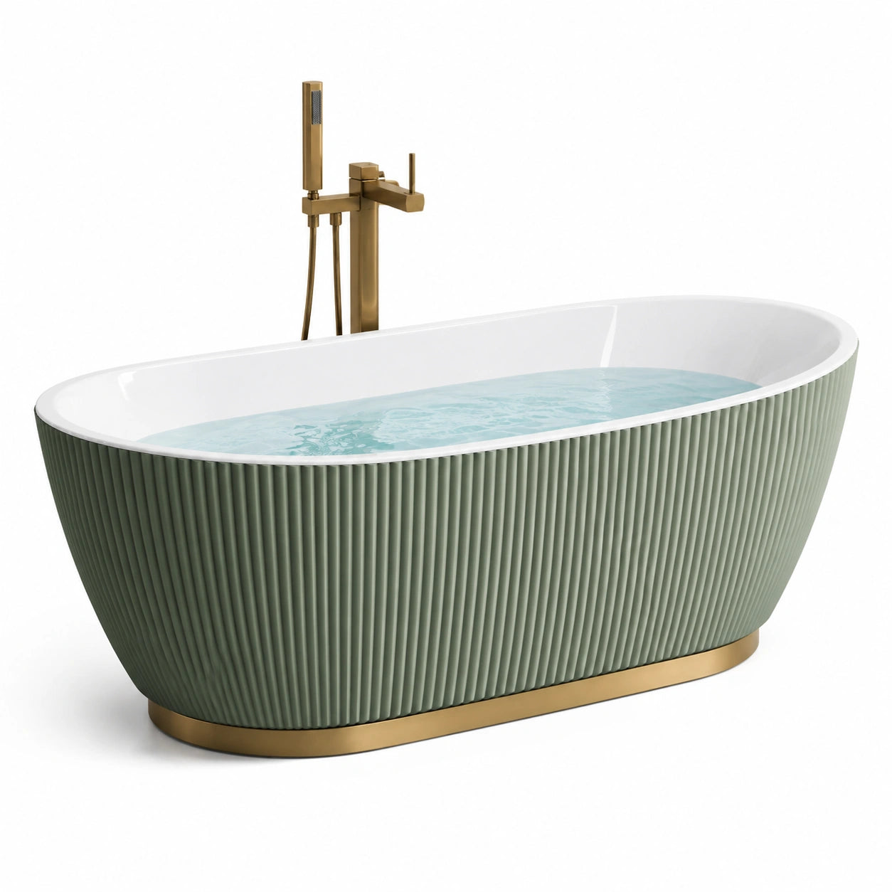 Baignoire îlot en acrylique, 170 cm, base acier inoxydable vert et or
