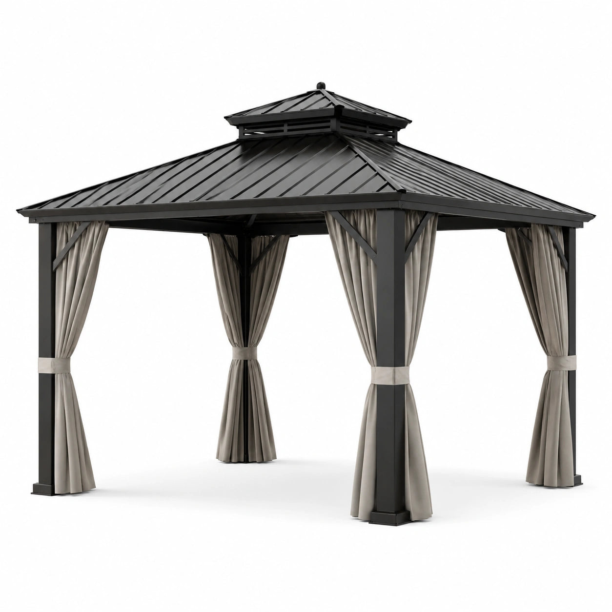 Pavillon de jardin en métal avec toit en acier et rideaux gris/noir 3x3m