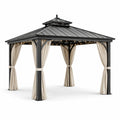 Pavillon en métal avec toit en acier et rideaux beige
