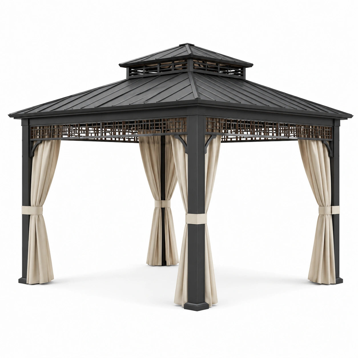 Pavillon en aluminium avec toit double et rideaux beige