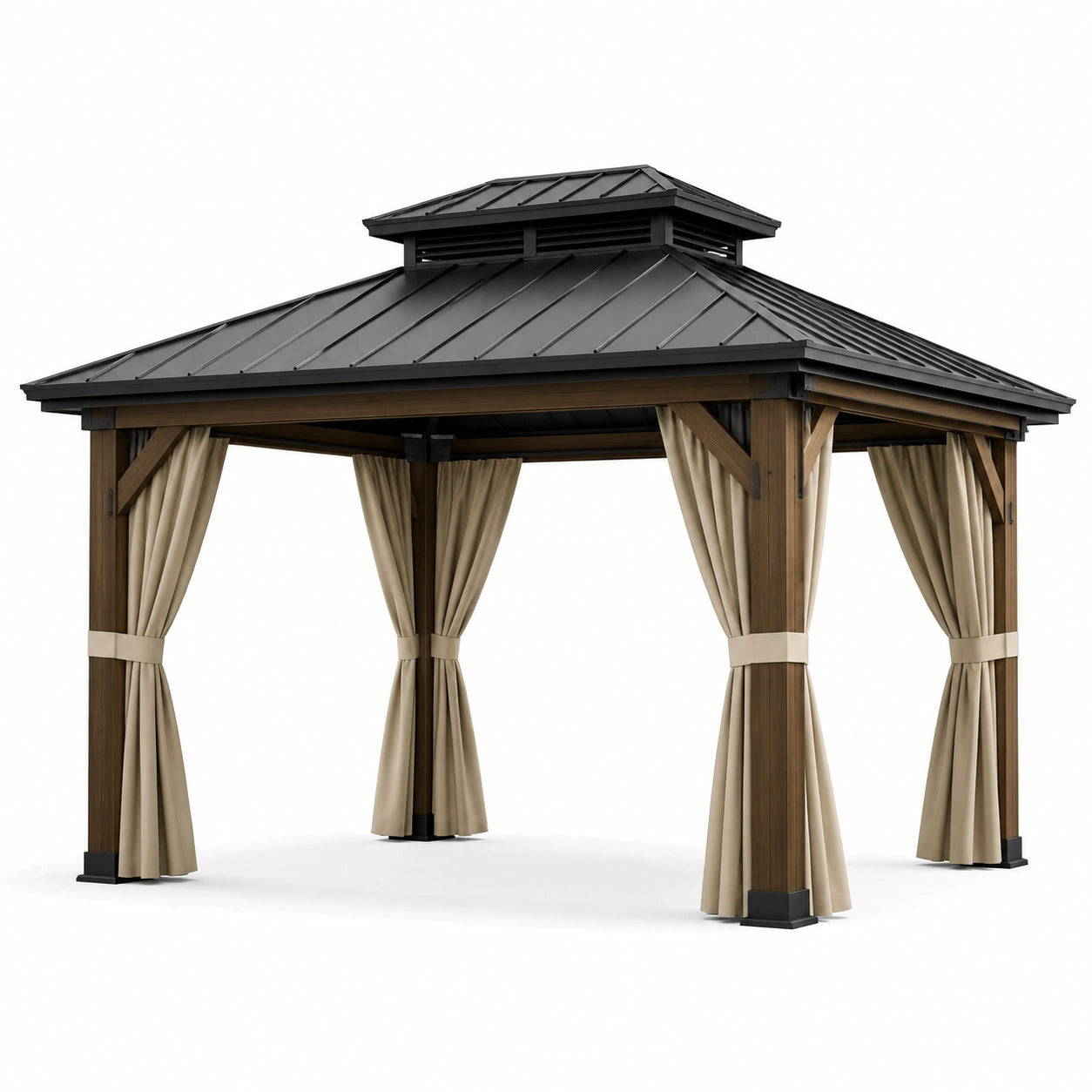 Pavillon en bois et métal avec rideaux beiges