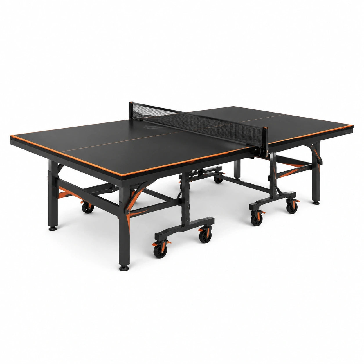 Table de ping-pong en MDF avec roulettes en acier noir et orange 274x152,5x76 cm